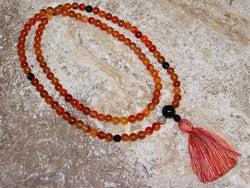 Carnelian Mala with Black Onyx Guru Bead and Black Onyx Markers